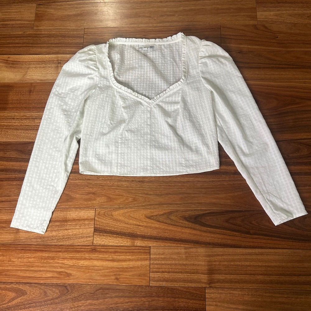 Topshop White Gingham Crop‎ Top Square Neck Long Sleeve Blouse US 8